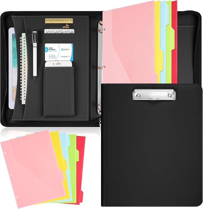 Gilprop 3 Ring Binder with Clipboard, 13.4"x11" Binder Padfolio,Black | Faux Leather Binder Organizer with Zipper, 5 Folder Divider Pages for Documents Business Cards Teachers Nurses School Office