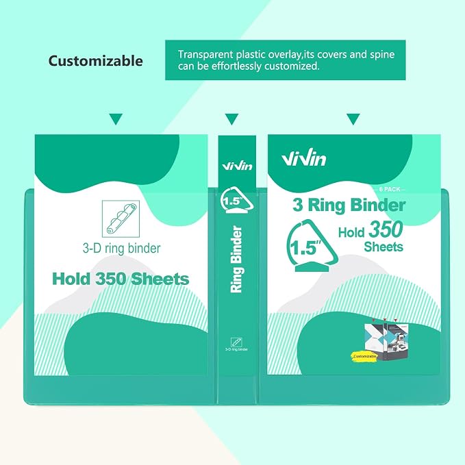 ViVin Sturdy 1.5 Inch 3 Ring Binder with 2 Pockets, 6 Pack, Lake Green | Slant-D Ring Binder, PVC-Free, Customizable Clear View Cover, Holds 350 Sheets of 8.5" x 11" Paper, 2 Interior Pockets