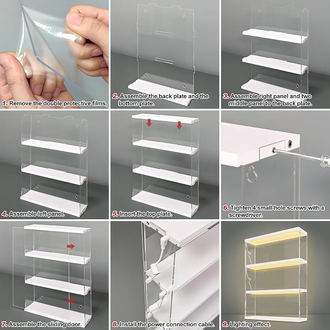 NONEMEY Clear Acrylic Display Case Stand with with Light, 3 Tier Storage Box Wall Mount Showcase Dustproof Organizer Box for Collectibles (Wood 3Tier 12×3.3×15.3inch)