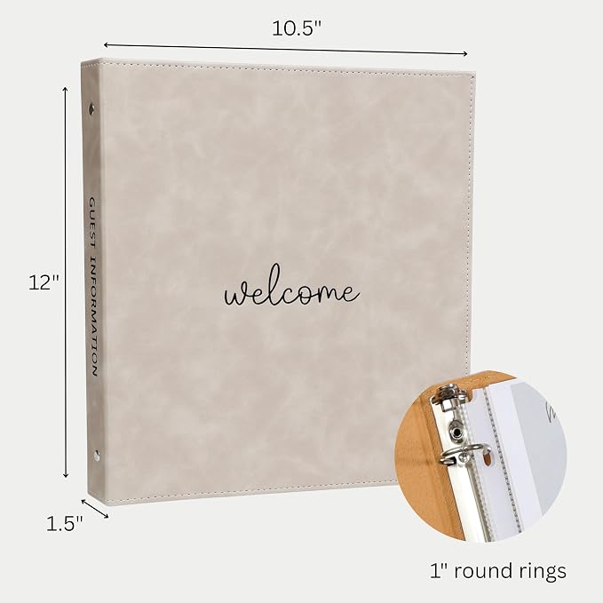 Paper 'n Such Welcome Binder for Short Term Rentals – Grey Faux Leather 3 Ring Folder for Airbnb, Vacation Home, House Manual & Guest Information - Letter Size