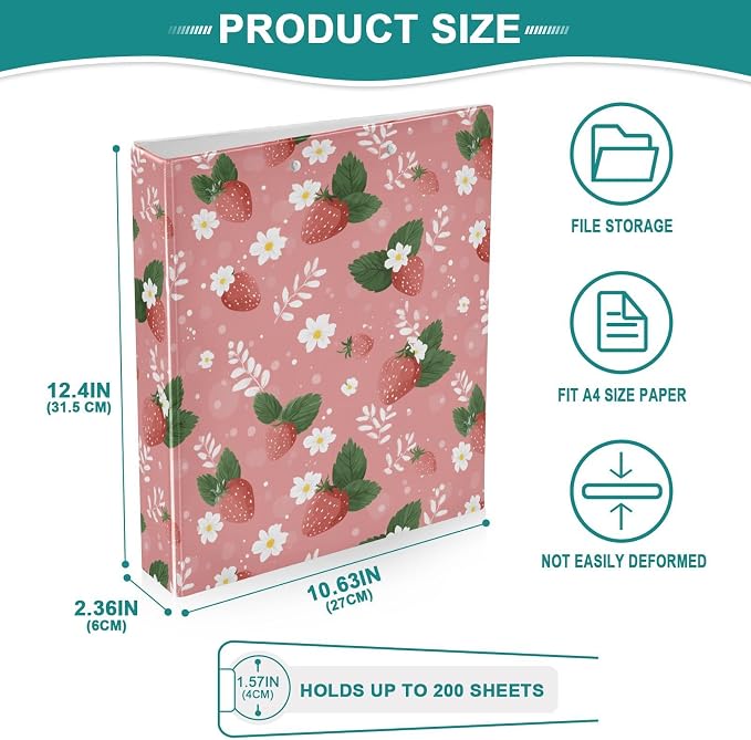 Strawberry Fruit Hard Cover Ring Binder 1.5 Inch 3 Ring, Printed Ring Binder with Metal Non-Slip Clip Clear Pocket Water Resistant Round Ring Binders for Recipe Budget Office