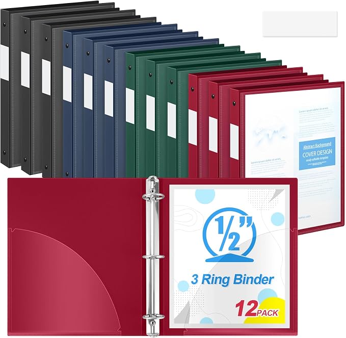 Henoyso 1/2 Inch 3 Ring Binders with Clear Front Cover and 2 Pockets, Round Ring Binders Fits 8.5'' x 11'' Letter Size Paper for School Office Supplies, 12 Pack (Assorted Classic Color)