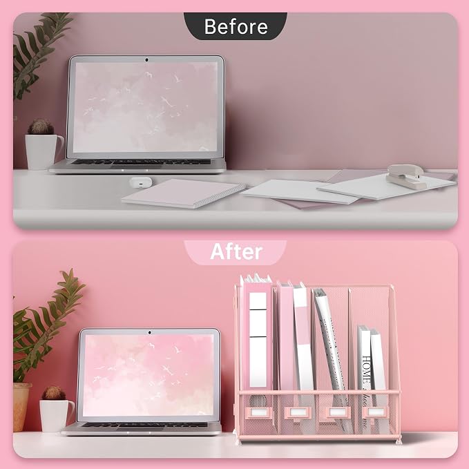 4-Compartment Magazine File Holder and File Organizer for Desk, Pink | Metal Magazine Holder and Magazine File Holder, 4-Compartment File Organizer for Binders Folders Magazines and Paper