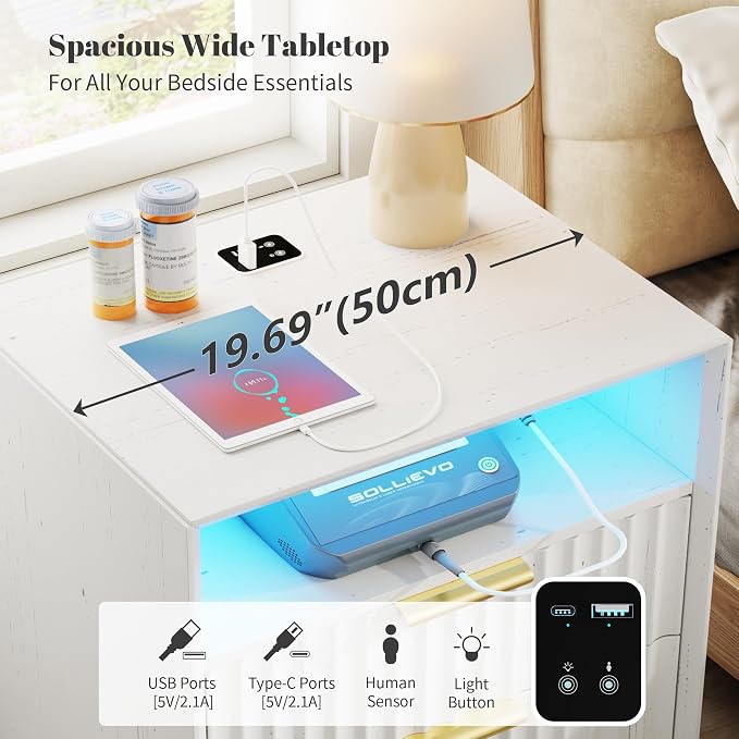 24“ W Fluted LED Nightstand with Charging Station, RFID Lock, White | Bedside Table with Hidden Drawer, 2 Drawers, Open Cubby, Motion Sensor, USB and Type-C Ports, Night Stand for Bedroom