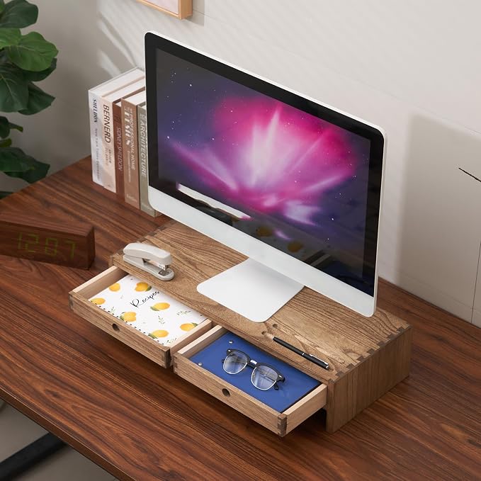 KIRIGEN Solid Wood Monitor Stand with 2 Drawers, Desk Riser, Brown PMJ-DBR | Desktop Organizer with Cable Opening and Pen Slots Stores Office Supplies, Supports Up To 50 Lb and Arrives Fully Assembled