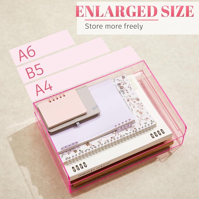 Harloon 4 Tier Clear Hot Pink Acrylic Paper Organizer Letter Tray, Aesthetic Stackable Low Profile Desk File Organizer Modern Heavy Duty Paper Holder Tray for A4, Office Home File Pad Books Notes