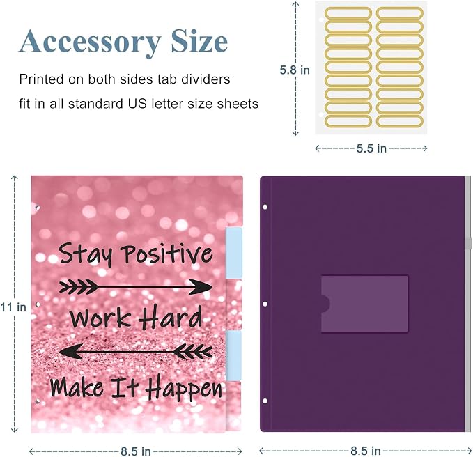 3 Ring Binder, 3 Inches Round Ring Binder with Clipboard, Dividers Tabs, PVC Zipper Bag Sleeves & to Do List Planners for Women, Men, School, Office Supplies, Work Hard