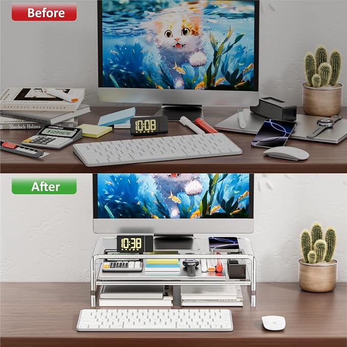 Egchi Acrylic Monitor Stand, 2 Tiers Clear Monitor Riser Computer Stand for Office, Home, Office, 5.12 Inches Hight PC Desk Stand for Keyboard Storage, Premium Platform for Laptop Printer TV Screen | for Office, Home, Office, PC Desk Stand for Keyboard...