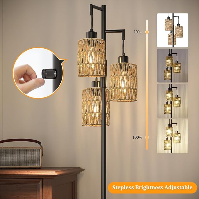 70" Floor Lamps for Living Room, Stepless Dimmable Boho Floor Lamp with 3 Bulbs, Tall Farmhouse Industrial Corner Standing Tree Lamp for Bedroom, Office, Study Room, Dining Room, Black