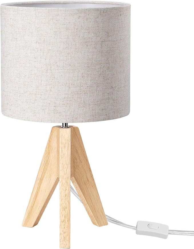 EDISHINE Small Table Lamp, Boho Bedside Lamp, Linen Fabric Shade, 14.2 Inch | ON/Off Switch, Wood Tripod Base, E26 Socket, Boho Nightstand Lamp for Living Room, End Table, Office