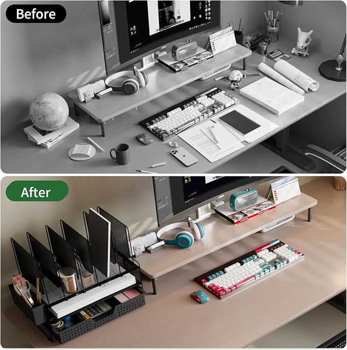 LEKETREE Desk Organizer, Office Organization with Vertical File Holder, File Organizer with Drawer and Pen Holder, Desk Accessories and Workspace Organizers for Home Office (Black)