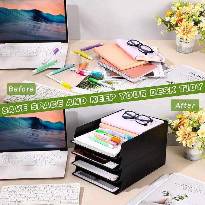 20 Pcs Stackable Paper Trays Rectangular Plastic Desk Holder Desktop Document File Organizer Storage Letter for Back to School Office Classroom (Black)