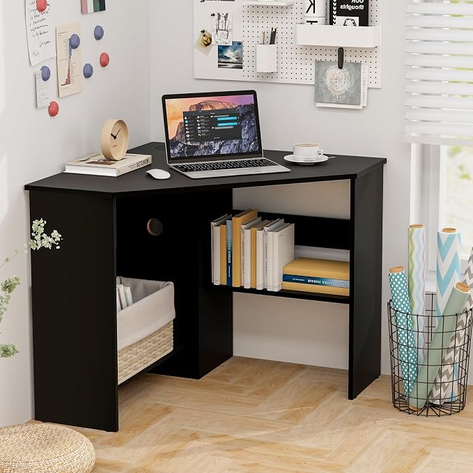 Tangkula Corner Desk, 90 Degrees Triangle Computer Desk for Small Space, Bedroom Corner Makeup Vanity Desk with Storage Shelves & CPU Stand