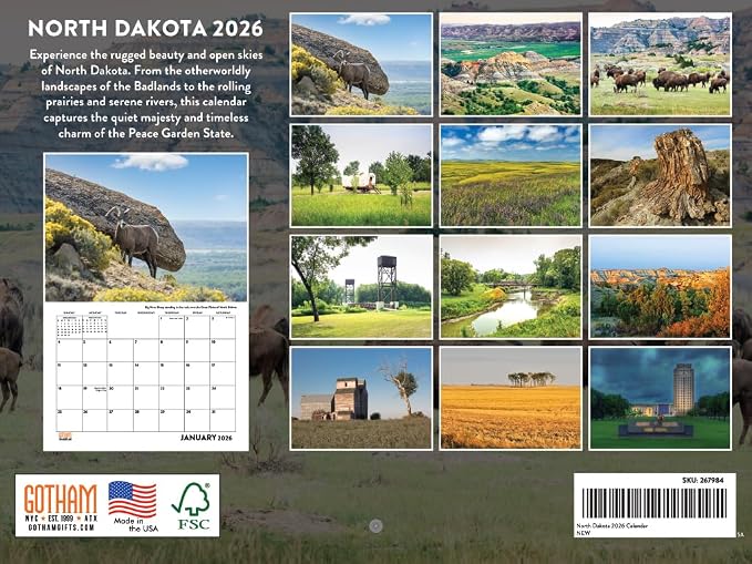 North Dakota Calendar 2026 Wall 12 Month Monthly ND Scenic Souvenirs Themed Gifts | American Made In The USA