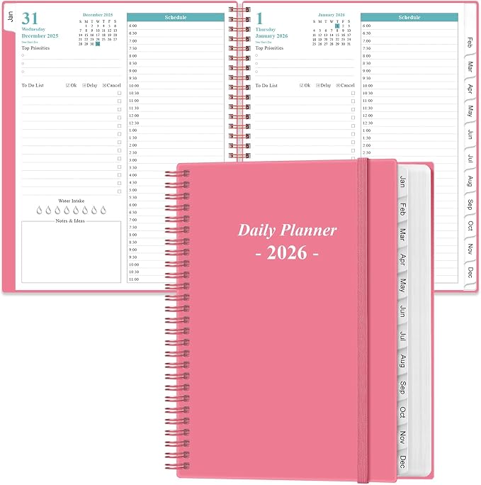 Daily Planner 2026 Full Page Per Day- 2026 Daily & Monthly Planner from January 2026 to December 2026, Day Planner 2026 with 12 Months Tabs, 8.5" x 11", Pink