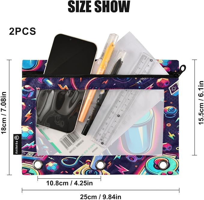 Bright Game Joystick Pencil Pouch for 3 Ring Binder, 2 Pack Waterproof Pencil Bags Clear Window Zipper School Office Supplies