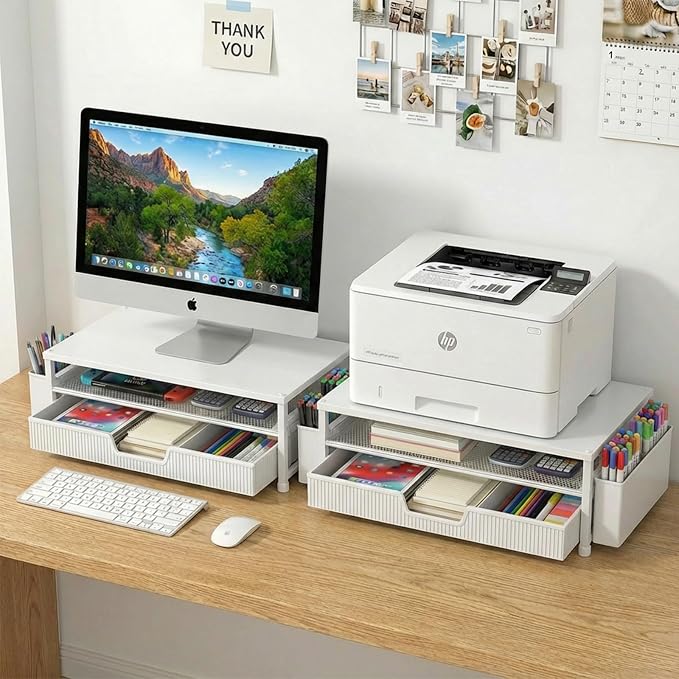 ECOLOVI Desk Organizer and Accessories, 2-Tier Computer Monitor Stand Rise with Storage Drawer & 2 Pen Holders, Laptop & Printer Stand for Desktop, Workspace Organizers for Office Supplies (White)
