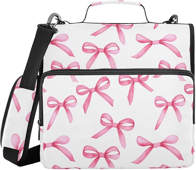 Pink Bows Zipper Binder 3 Ring with Handle and Shoulder Strap, 500 Sheet Binder Organizer Capacity & Multi-Pockets for School Office