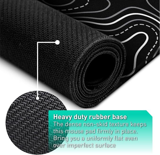 Pixiecube Minimalist Topographic Map Mouse Pad - Contour Extended Large Stitch Edge Mousepad. Black & White Non-Slip XXL Gaming Desk Mat