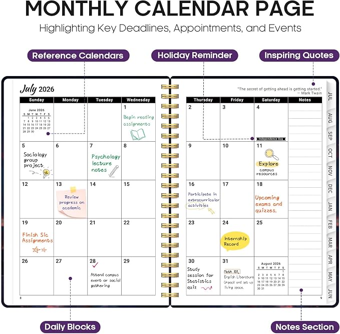 Academic Planner 2026-2027, Jul 2026-Jun 2027 Monthly & Weekly Planner