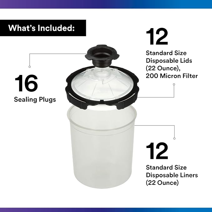 3M PPS 2.0 Paint Spray Gun System Refill Kit with Lids and Liners, 26173 | 22 oz; Standard, 200-Micron Filter; 12 Disposable Lids and Liners; 16 Sealing Plugs;Use for Cars; Furniture; Home and more