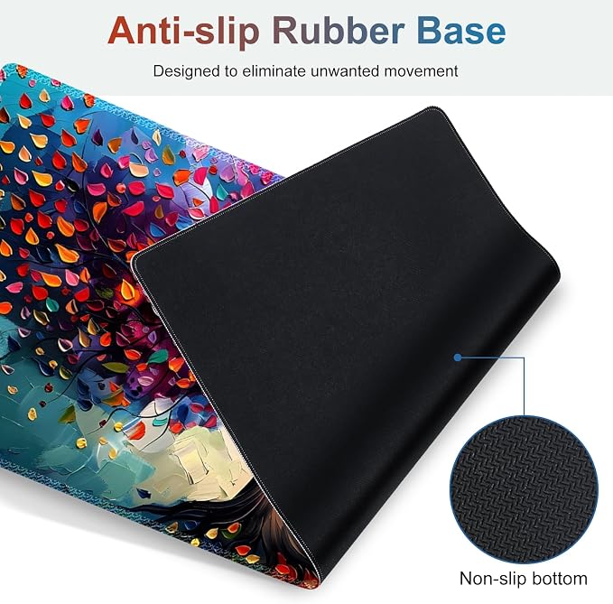 Large Gaming Mouse Pad Set, 4 in 1 Ergonomics Keyboard Desk Mat with Memory Foam Wrist Rest, Computer Extended Game Mousepad, Non-Slip Desk Matt Easy Typing Pain Relief I Colorful Tree Leave