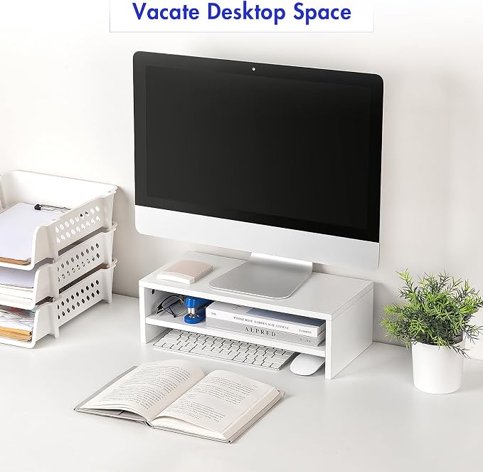 BEYGORMMonitor Stand Riser, White, 16.5 inch, 2 Tiers Wood Desk Shelf | Computer Screen Stand with Storage, For Desktop Laptop/Screen/TV/PC/Printer 16.5"L x 7.8"W x 5.2"H