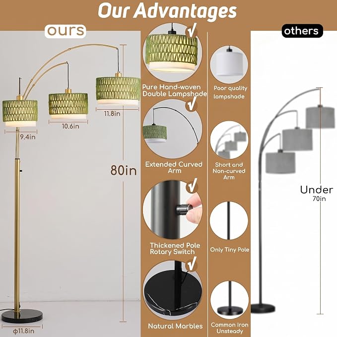 80'' Gold Rattan Arc Floor Lamp for Living Room, 3-Light Boho Tree Lamp | Heavy Natural Marble Base, 1/2/3-Light Rotary Switch,Double-layer Green Wicker/Fabric Shades for Coastal Style,8 ft+ Ceilings