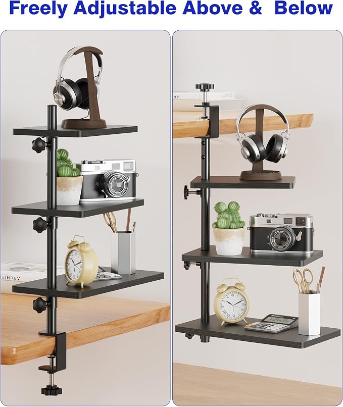 3 Tiers Clamp On Desk Shelf, 360° Angle Adjustable Desktop Shelf Organizer for Home Office Gaming Room, No Drill Desk Extender Adapt to 0.4-2.16 inches Table Thick, Black Brown