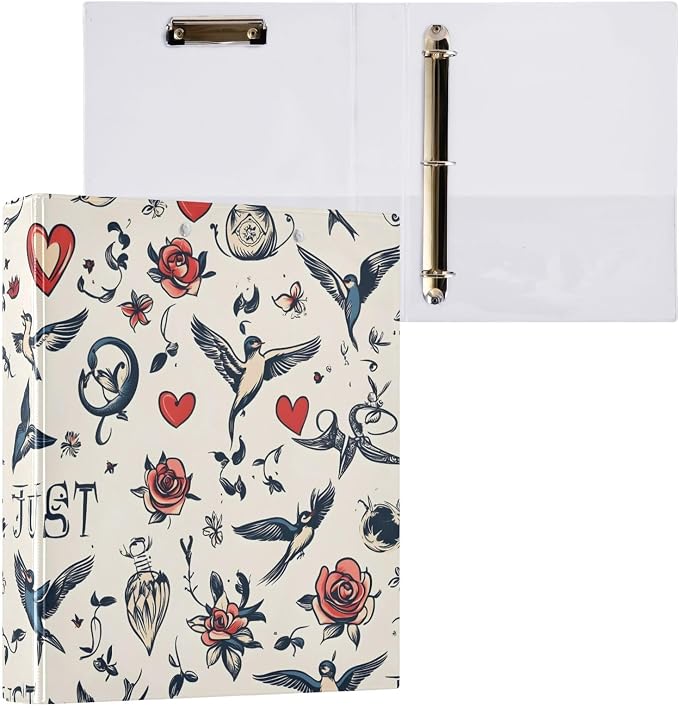 Vintage Tattoo 3 Ring Binder 1.5 Inch Round Ring Binder Organizer with Clear View Pocket for Office Supplies-2 Pack
