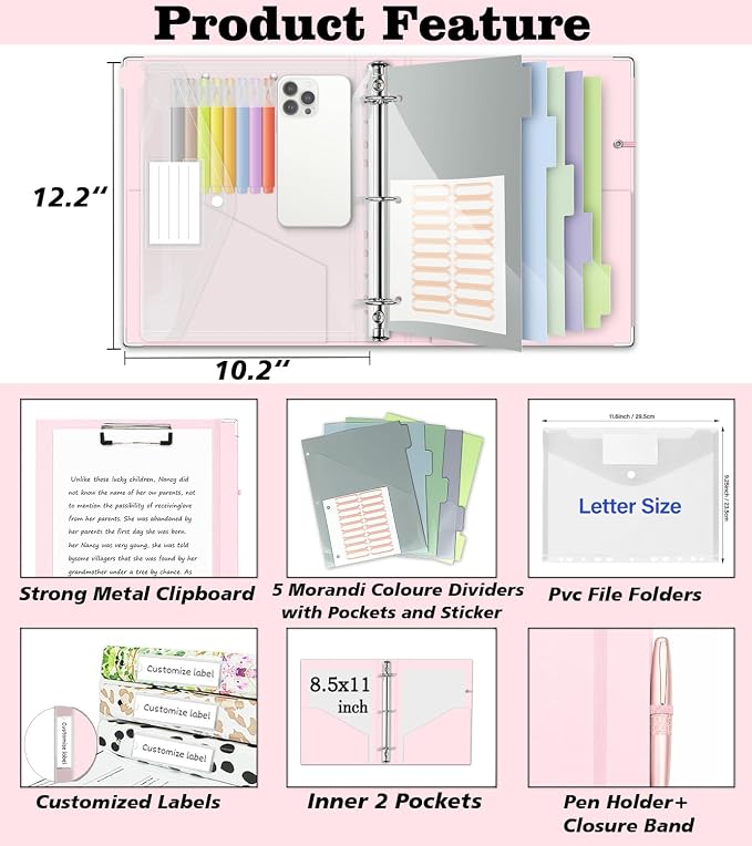 3 Ring Binder Organizer, 1 Inch Three Ring Binders with Clipboard, 5-Tabs Pockets Dividers, Transparent Plastic Folder, Pen Loop, 18 Divider Stikers, BVSSX Decorative Binder,Pink, Letter Size