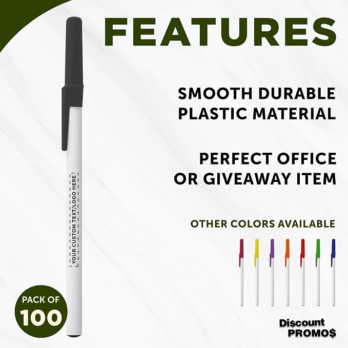 DISCOUNT PROMOS Custom Value Stick Pens Set of 100, Personalized Bulk Pack - Blue Ink, Great for Office, School, Business, Tradeshows, Events - Black Cap