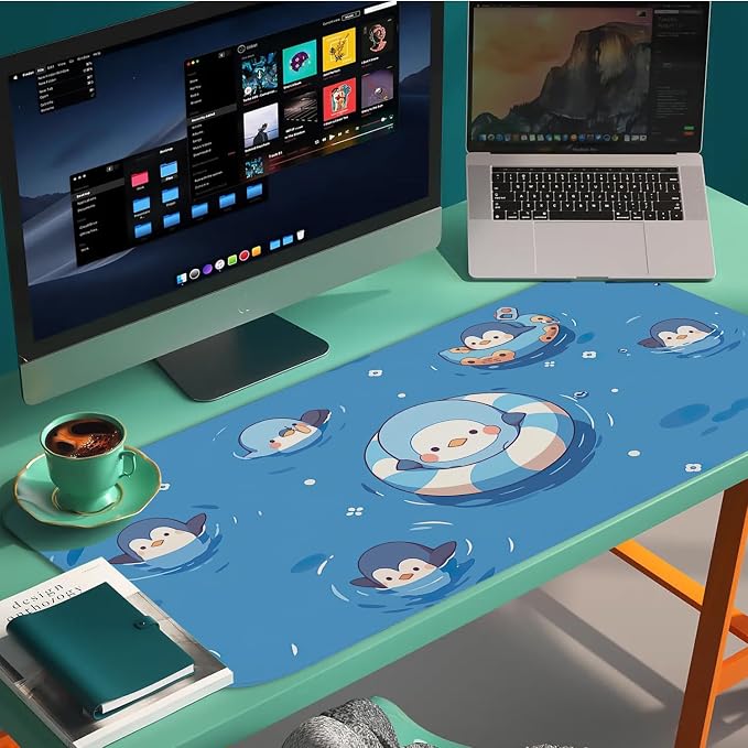 Blue Cute Anime Penguin Keyboard Pad,Non-Slip Gaming Mouse Pad,Large Size Stitched Edge Desk Pad for Office and Game X-Large（11.81"x31.49"x0.12"）