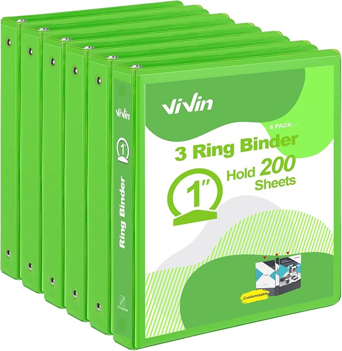 ViVin 1 Inch Round Ring View Binder for Durability, 6-Pack (Ivy Green) | Standard 3 Ring Binder for 200 Sheets of US Letter Size Paper, PVC-Free, Clear View Cover, Office Home School Use