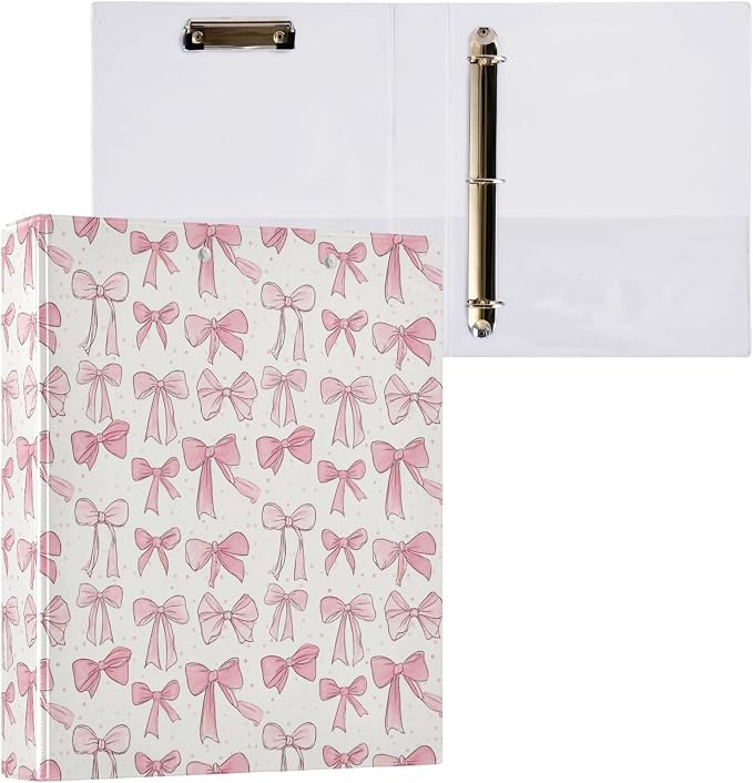 Cute Bow Knot Doodle Pattern Round Ring Binders 1.5 Inch Pink Polka Dot White Black Stripe Stars 3 Ring Clipboard Binder for Office School Work Supplies File Folder 200 Sheet Capacity 2 Pieces