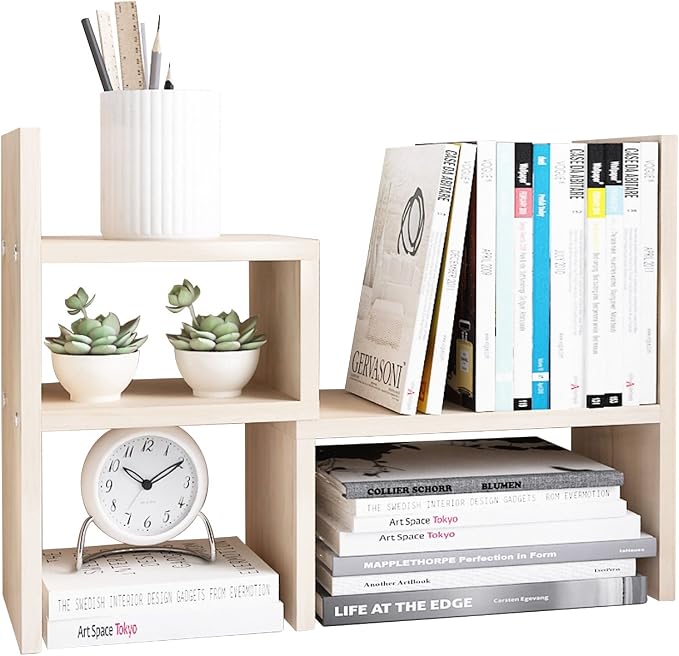 Jerry & Maggie Desktop Organizer Office Storage Rack Adjustable Wood Display Shelf, White, 5 Units, 16"L x 15.8"H x 6.8"W | Wooden Desk Organizer, Cute Dorm & Cubicle Decor. Stores Makeup & Mini Plants, Space-Saving Storage for Small College Rooms