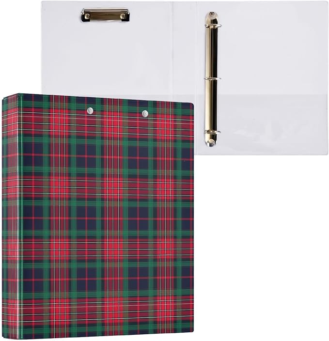 Red and Green Plaid 3 Ring Binder 1.5" Decorative D-Ring Binder with Clipboard&3 Clear Pockets, Holds 200 Sheets A4 Size Paper Waterproof Binders for School Home Office|2 Pack