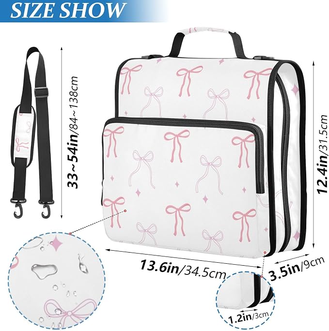 Pink Bows Star White Zipper Binder with Shoulder Strap Bag 3 Ring Binder Organizer Large Capacity Multiple Compartments for School Office