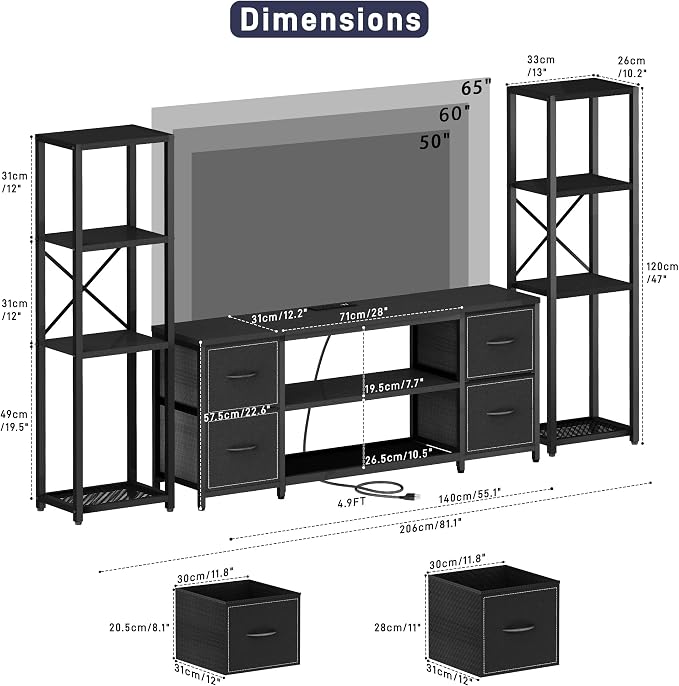 Yenlure LED TV Stand Bookshelf Combo with Charging Station for 65 60 55 Inch TV, Entertainment Center with Lights & Drawers, Industrial Media TV Console Table for Living Room Bedroom Office, Black