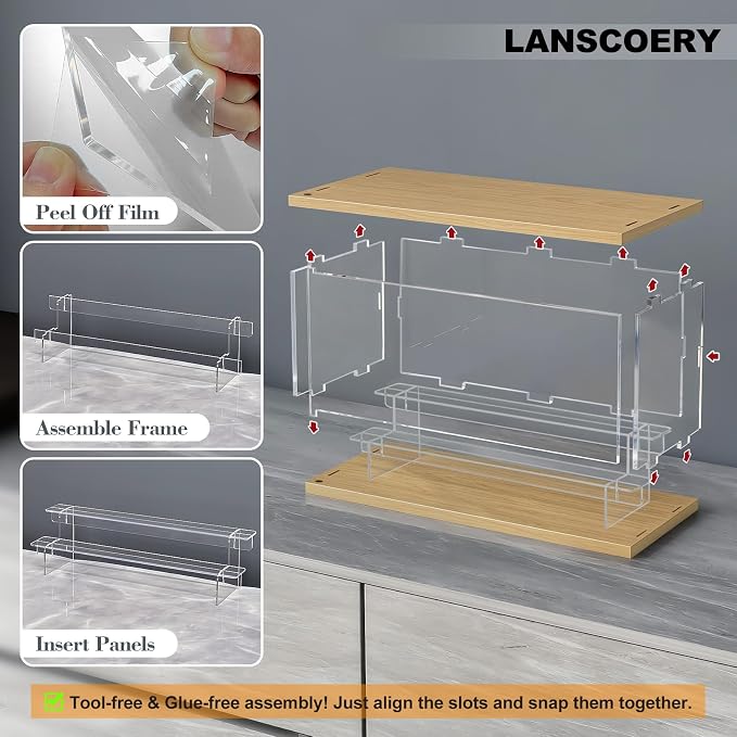 LANSCOERY LED Lighted Acrylic Display Case, 3 Tier Display Box for Collectibles and Action Figures, Clear Dustproof Organizer with Wooden Base – 15.2x6.5x7.5inch
