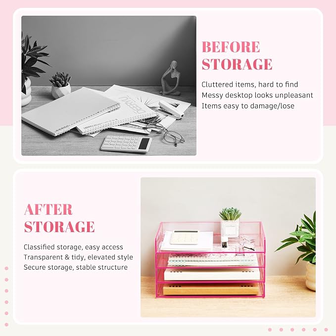 Harloon 4 Tier Clear Hot Pink Acrylic Paper Organizer Letter Tray, Aesthetic Stackable Low Profile Desk File Organizer Modern Heavy Duty Paper Holder Tray for A4, Office Home File Pad Books Notes
