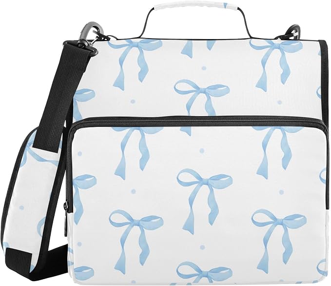 Blue Bow 3 Ring Binder Bag 1.5 inch Binder Organizer with Zipper Shoulder Strap 500 Sheet Documents Storage for School Office