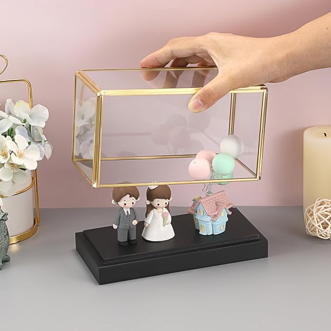 Hipiwe Glass Display Case for Collectibles Vintage Gold Display Case Box | Rectangular Glass Box for Figurine Models Plants Metal Frame Keepsake Box with Black Wood Base, 7.5"x4"x5"