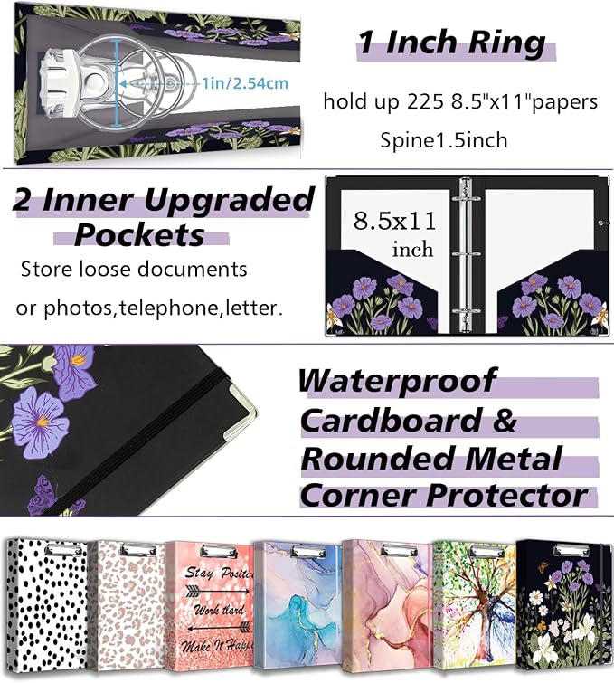 3 Ring Binder 1 Inch, Three Ring Binders Organizer with Clipboard, 5-Tabs Pockets Dividers, Plastic Folder, 18 Divider Stikers, BVSSX Pretty Binder with Pen Loop (Black Weeds, Letter Size)