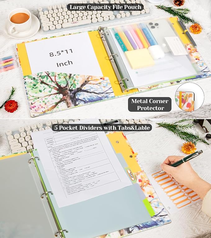 3 Ring 1 Inch Binder Organizer, KLLVE Three Ring Binders with Clipboard, 5-Tabs Pockets Dividers, Plastic Folder, 18 Divider Stikers,Pen Loop (Green Tree, Letter Size)
