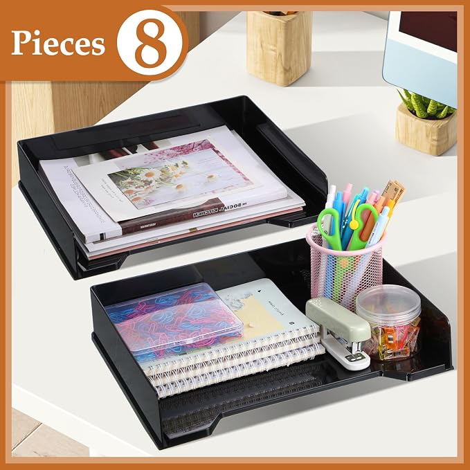 DoubleFill 8 Pcs Stackable Letter Tray Rectangular Plastic Desk Organizer 13 x 9.5 x 2.6 in Paper Holder File Tray Accessories Rack for Desktop Office Desk Drawers (Black)