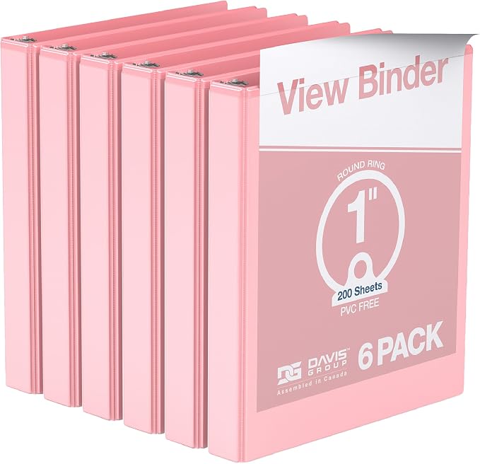 Pack of 6 Premium View Binders, Ring Binders with Clear-View Cover and Interior Pockets, Pastel Color Options, 1 Inch, Blush