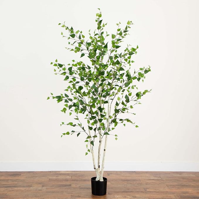Nearly Natural 7 ft Artificial Birch Tree with Real Touch Leaves | Nature-Inspired Design, Light-Hued Bark, Nursery Planter Included, Realistic Home and Office Decor