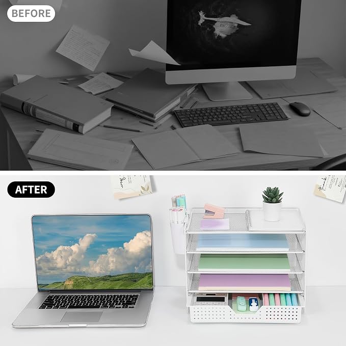 LEKETREE Desk Organizer and Accessories, 5-Tier Paper Letter Tray Organizer with Drawer & 2 Pen Holders for Desktop File Organization, Office Desk Accessories for Supplies Storage (White)