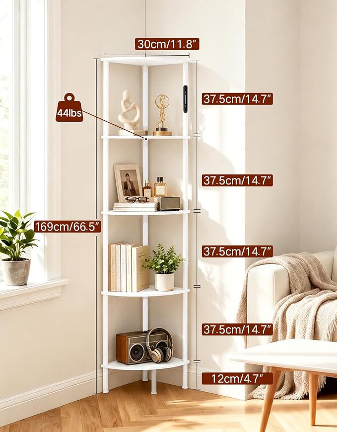 5-Tier Corner Bookshelf with LED Lights, Touch & Remote Control, 3 Color Temperatures, Dimmable Narrow Display Shelf with 1-Hour Timer for Living Room, Bedroom, Office(White)